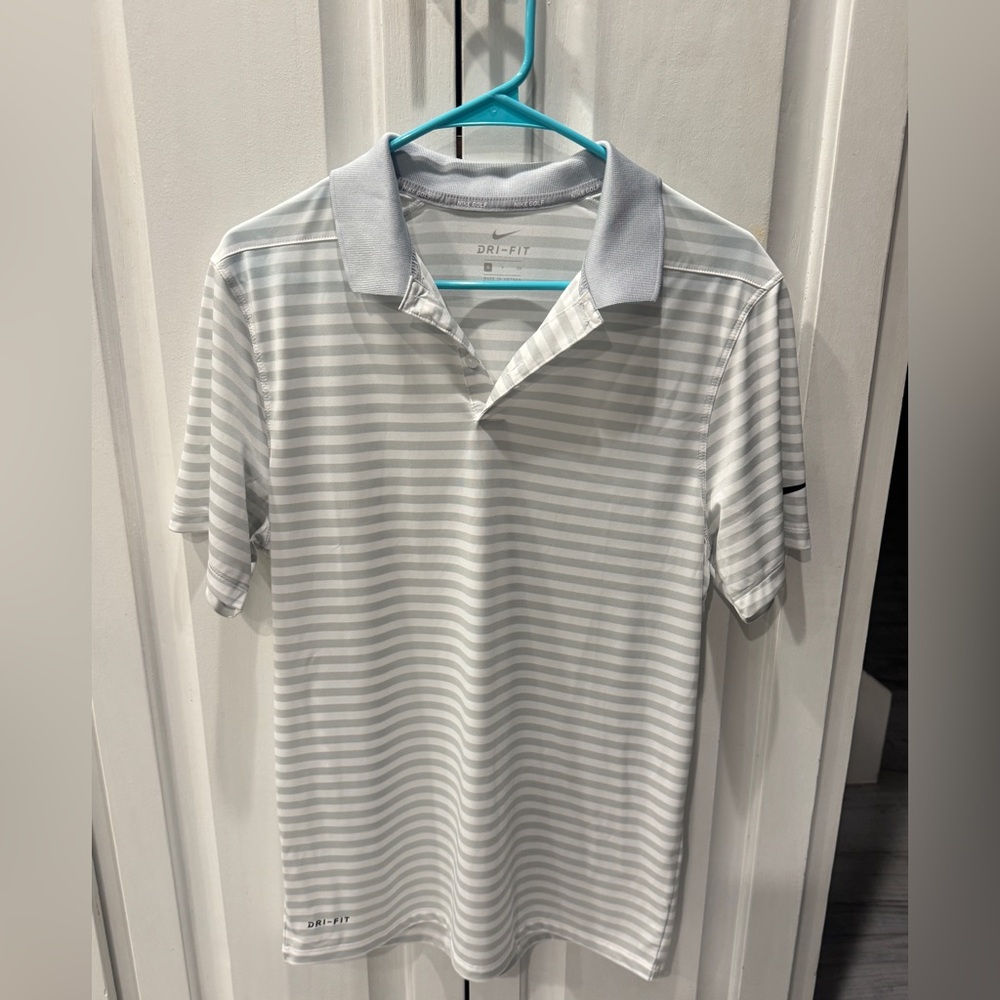 Nike Golf Dri-Fit Striped Polo Shirt — Light Gray & White (Size S)